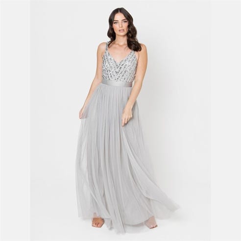 Maya Deluxe - Maya Soft Grey Sleeveless Stripe Embellished Maxi Dress