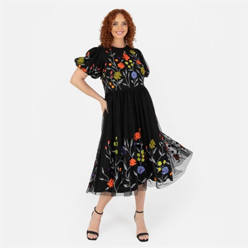 Maya Deluxe - Maya Black Floral Embroidered Midi Dress With Keyhole Back