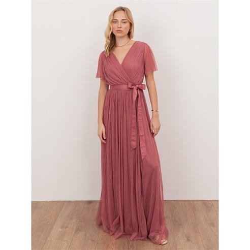 Anaya With Love - Anaya With Love Recycled Faded Rose Tulle Faux Wrap Short Sleeve Maxi Dress