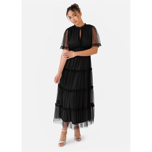 Anaya With Love - Anaya with Love Black Keyhole Detail Short Sleeve Frill Midaxi Dress