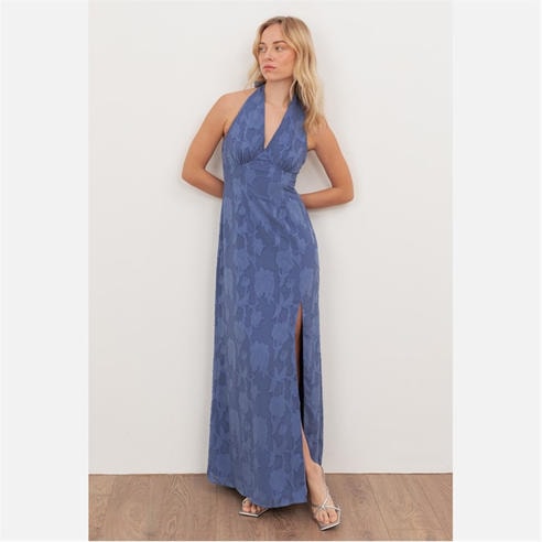 Anaya With Love - Anaya With Love Recycled Azure Blue Floral Burnout Self-Tie Halter Neck Maxi Dress