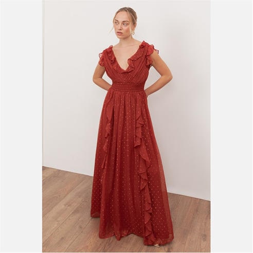 Anaya With Love - Anaya With Love Recycled Chilli Red Plunge Neck Waterfall Ruffle Maxi Dress