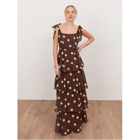 Anaya With Love - Anaya With Love Recycled Brown Polka Dot Tie-Shoulder Tiered Maxi Dress
