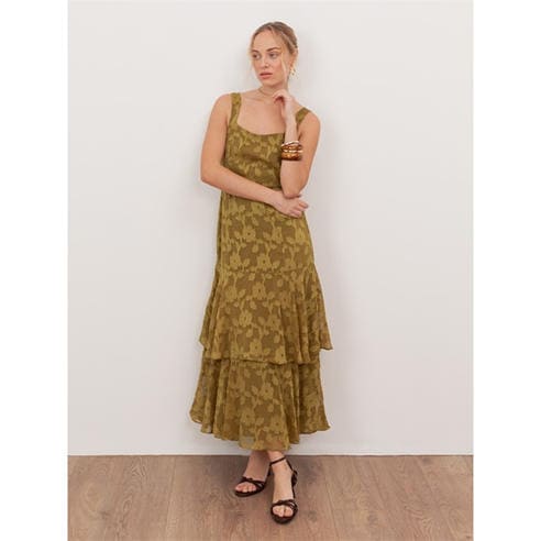 Anaya With Love - Anaya With Love Recycled Golden Olive Floral Burnout Square Neck Tiered Midaxi Dress