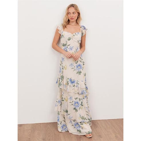 Anaya With Love - Anaya With Love Recycled Floral Flutter Sleeve Asymmetric Ruffle Maxi Dress