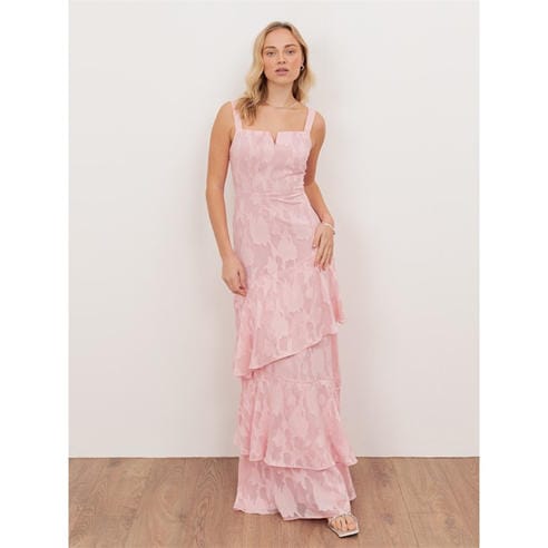 Anaya With Love - Anaya With Love Recycled Peony Pink Floral Burnout Strappy Asymmetric Ruffle Maxi Dress