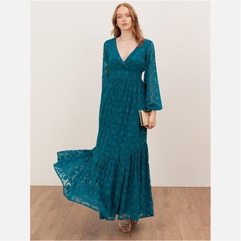 Lovedrobe - Lovedrobe Teal Floral Burnout Tie-Back Maxi Dress with Asymmetric Split Hem