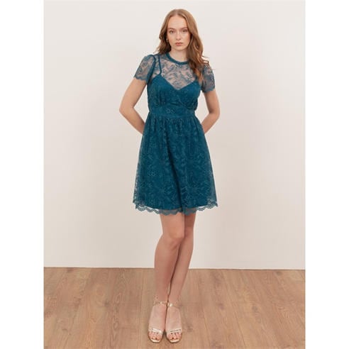 Lovedrobe - Lovedrobe Teal Floral Lace Short Sleeve Mini Dress