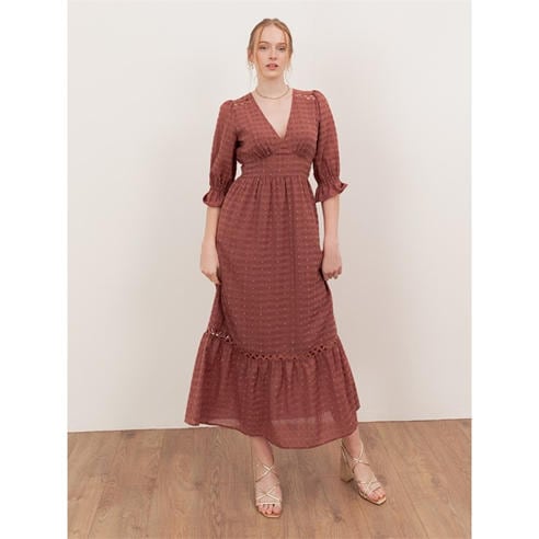 Lovedrobe - Lovedrobe Terracotta Pink Gingham V Neck Midaxi Dress