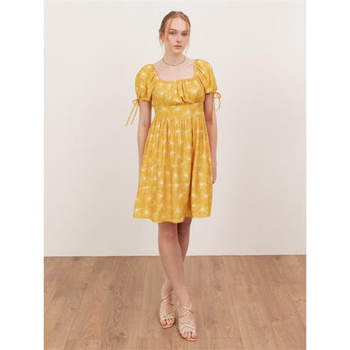 Lovedrobe - Lovedrobe Yellow Floral Elasticated Square Neck Mini Dress