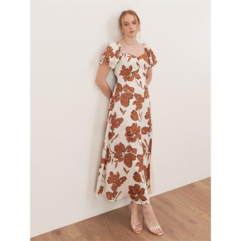 Lovedrobe - Lovedrobe Textured Floral Midaxi Dress with Ruched Front