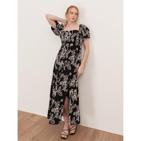 Lovedrobe - Lovedrobe Black Embroidered Short Sleeve Square Neck Midaxi Dress