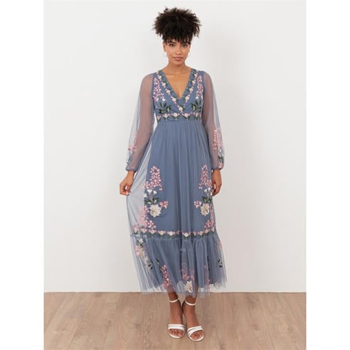 Maya Deluxe - Maya Infinity Blue Embroidered Faux Wrap Maxi Sleeve Midaxi Dress