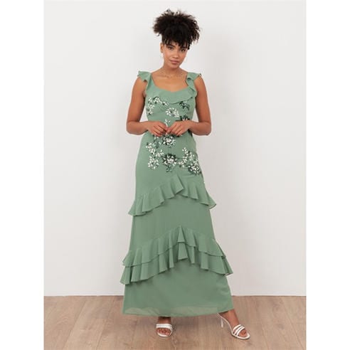 Maya Deluxe - Maya Dark Sage Green Embellished Ruffled Maxi Dress with Keyhole Back