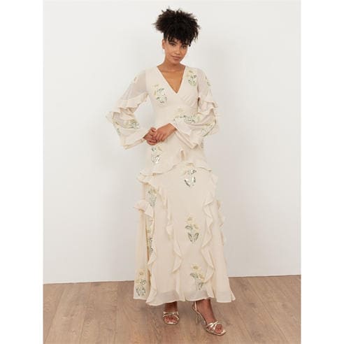 Maya Deluxe - Maya Vanilla Embellished Maxi Sleeve Ruffle Maxi Dress