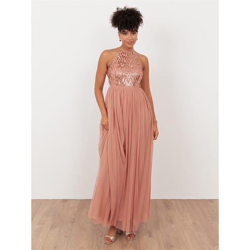 Maya Deluxe - Maya Terracotta Pink Linear Embellished Halter Neck Maxi Dress