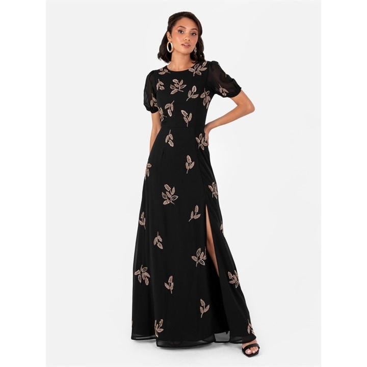 Maya Deluxe Maya Black Embellished Short Sleeve Maxi Dress with Open Back