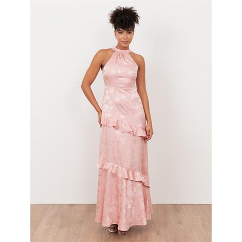 Maya Deluxe - Maya Soft Pink Floral Jacquard Satin Halter Neck Maxi Dress