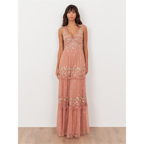 Maya Deluxe - Maya Terracotta Pink Embellished Sleeveless Maxi Dress