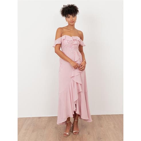 Maya Deluxe - Maya Soft Pink Embellished Faux Wrap Bardot Midaxi Dress