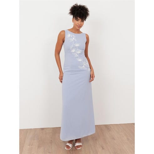 Maya Deluxe - Maya Pastel Blue Floral Embroidered Cowl Back Maxi Dress