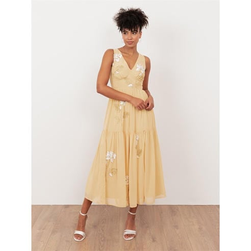 Maya Deluxe - Maya Buttercream Floral Embellished V Neck Midaxi Dress with Split