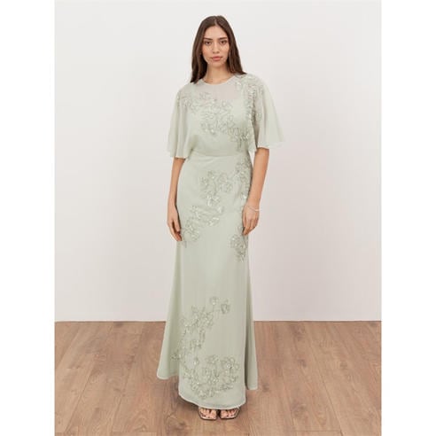 Maya Deluxe - Maya Meadow Green Floral Embellished Angel Sleeve Maxi Dress