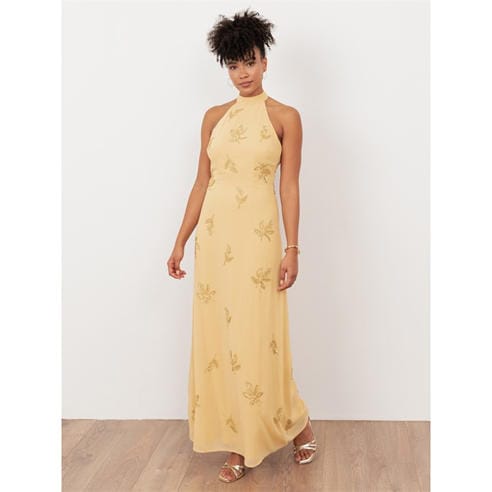 Maya Deluxe - Maya Buttercream Embellished Halter Neck & Open Back Maxi Dress