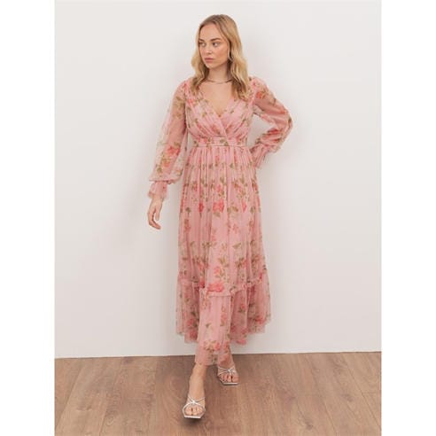 Anaya With Love - Anaya With Love Recycled Pink Floral Print Faux Wrap Maxi Sleeve Midaxi Dress