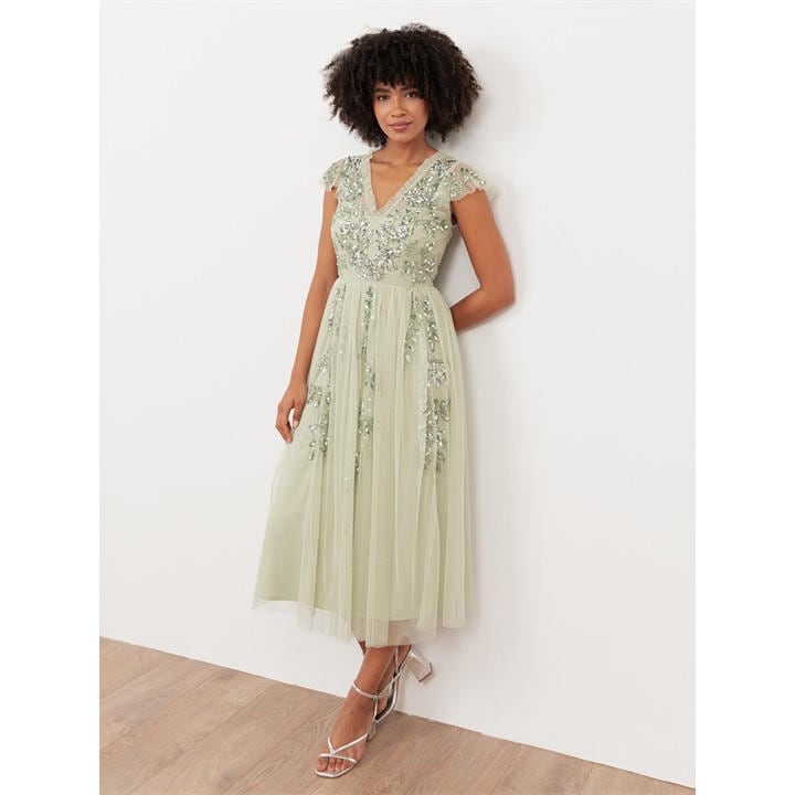 Maya Deluxe Maya Meadow Green Embellished Tulle Midi Dress with Open Back