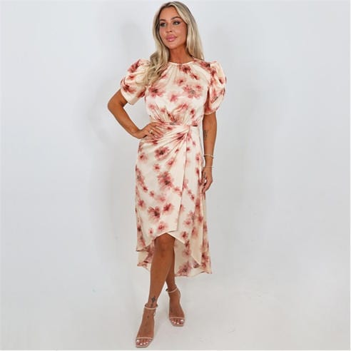 AX Paris - Blush Floral Print Puff Sleeve Gathered Side Midi Dress