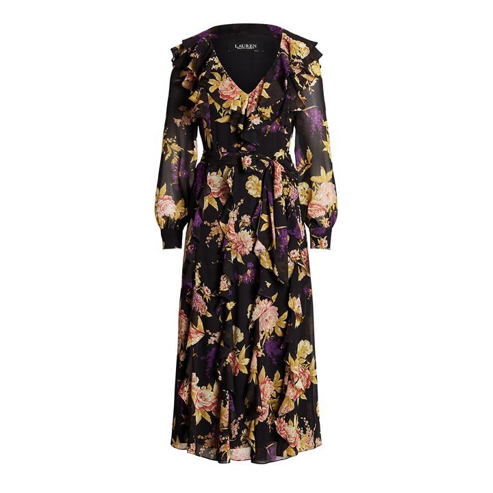 Lauren by Ralph Lauren Floral Ruffle-Trim Georgette Dress - Black