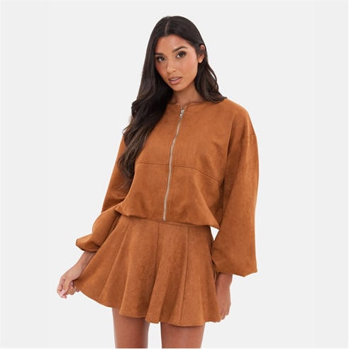 I Saw It First - Women's Faux Suede Bubble Hem Long Sleeve Faux Leather Jacket