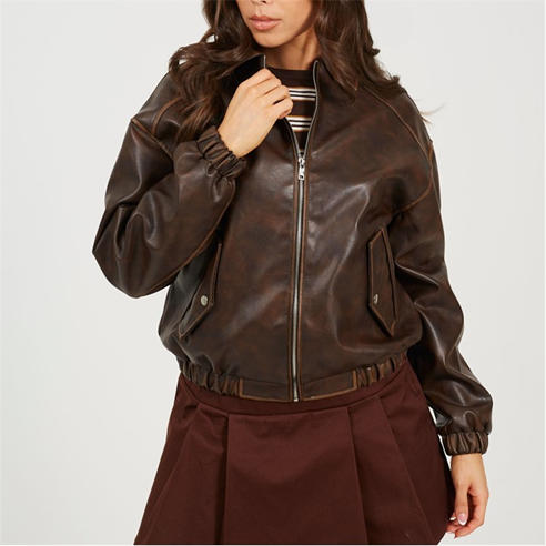 Brave Soul - BS Womens Vintage Finish Faux Leather Bomber with Collar