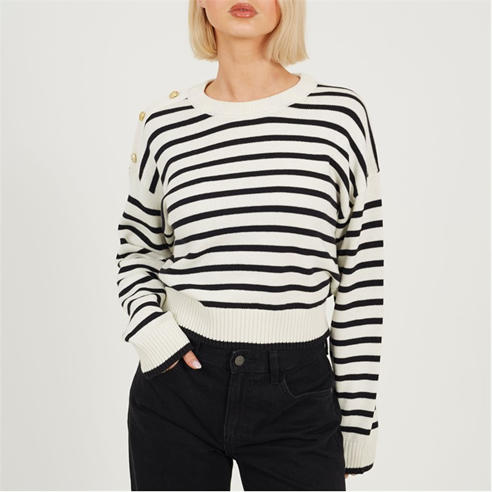 Brave Soul - Boxy Crew Neck Striped Jumper with Shoulder Button Detail