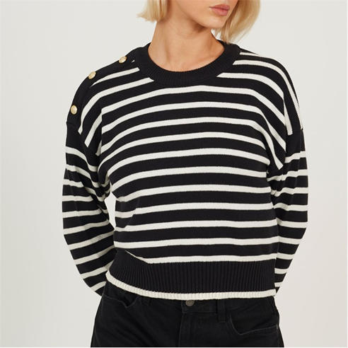 Brave Soul - Boxy Crew Neck Striped Jumper with Shoulder Button Detail