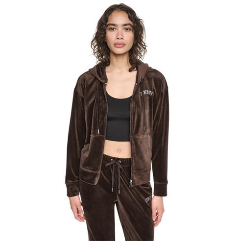 DKNY - Women's Varsity Velour Rhinestone Logo Full-Zip Hoodie