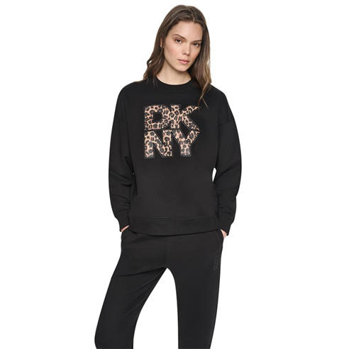 DKNY - Women's Leopard Logo Sport Cotton Long-Sleeve Crew Sweater