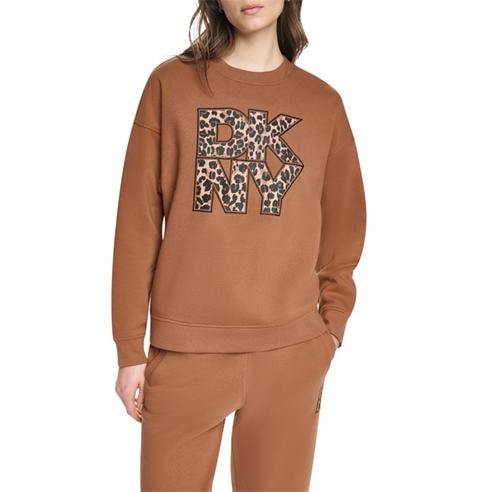 DKNY - Women's Leopard Logo Sport Cotton Long-Sleeve Crew Sweater
