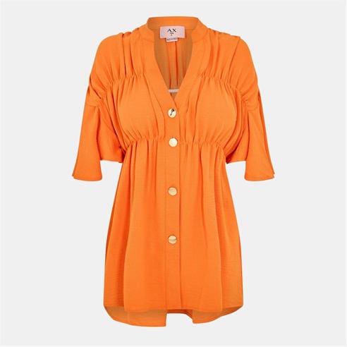 AX Paris - Orange Button Up Ruched Detail Smock V-Neck Top