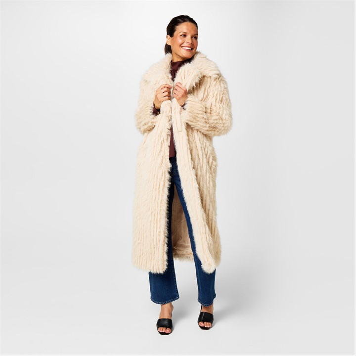 Biba Clipped Longline Faux Fur Coat In Neutral