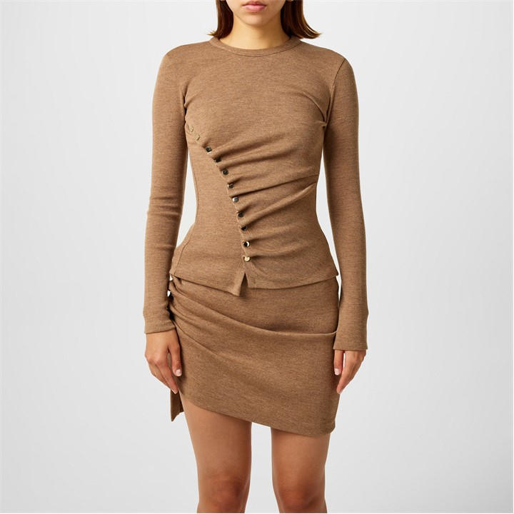 RABANNE ASYMMETRIC RUCHED BUTTON KNIT TOP