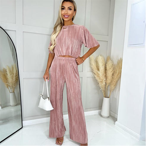 AX Paris - Champagne Plisse Straight Leg Trousers