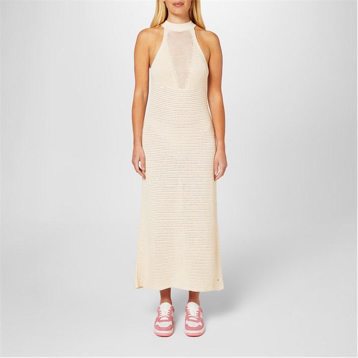 Tommy Hilfiger Crochet Halterneck Midi Dress - Cream