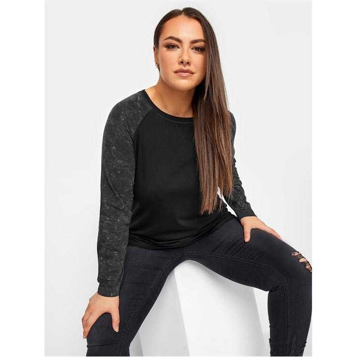 Yours Curve Long Sleeve Raglan Contrast Acid Wash Tee Black