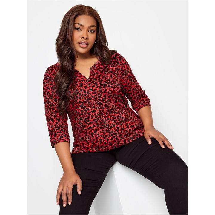 Yours Curve Red Ditsy Floral Pintuck Henley T-shirt