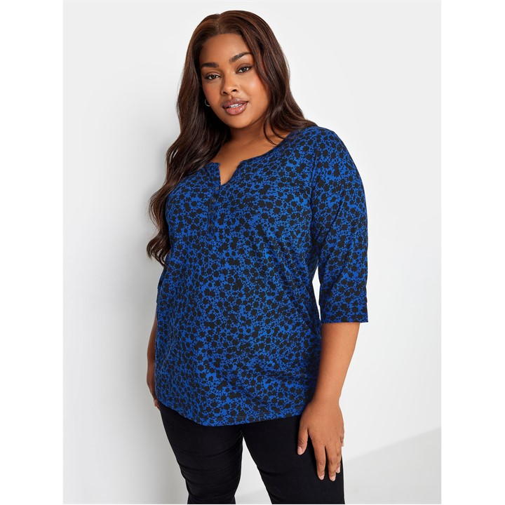 Yours Curve Red Ditsy Floral Pintuck Henley T-shirt In Blue