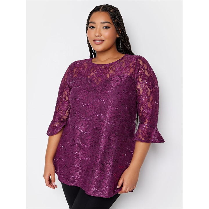 Yours Curve Black Lace Sequin Embellished Swing Top In Purple
