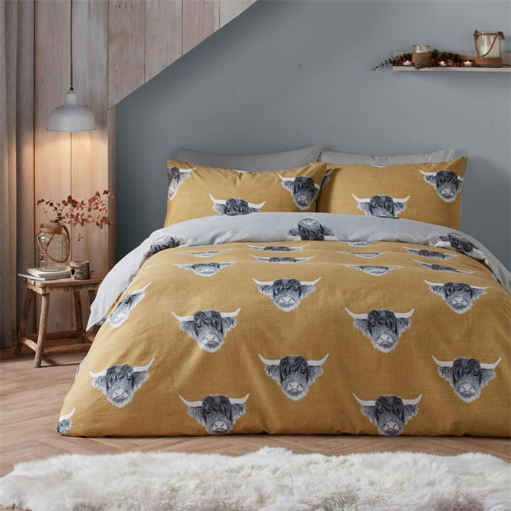 Fusion Unisex Yellow Highland Cow Duvet Cover Set In Ochre Superking