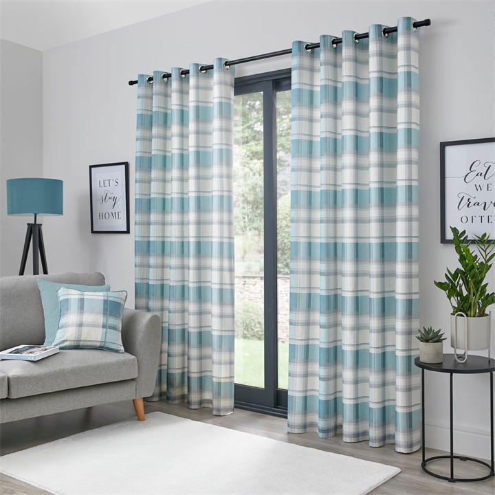 Fusion Balmoral Check Cotton Eyelet Curtains In Duck Egg